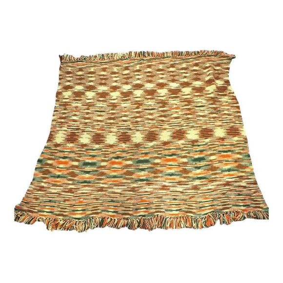 Vintage Afghan Knit Blanket With Fringe 65" Cozy Retro Throw Peach Green Croche - Picture 2 of 4